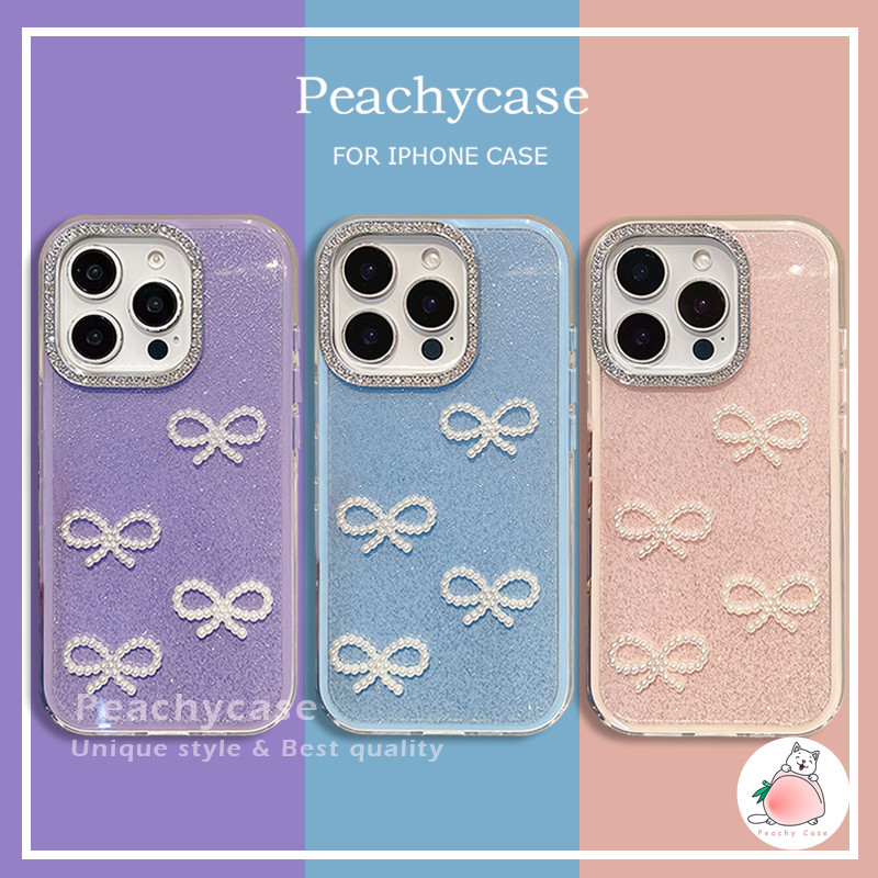 Ins 3D Pearl Bowknot Candy สี Glitter โทรศัพท์มือถือสําหรับ iPhone 16 Plus 15 14 13 12 11 Pro Max อะคริลิค 3in 1 ปกหลัง TPU ปลอกกันกระแทก