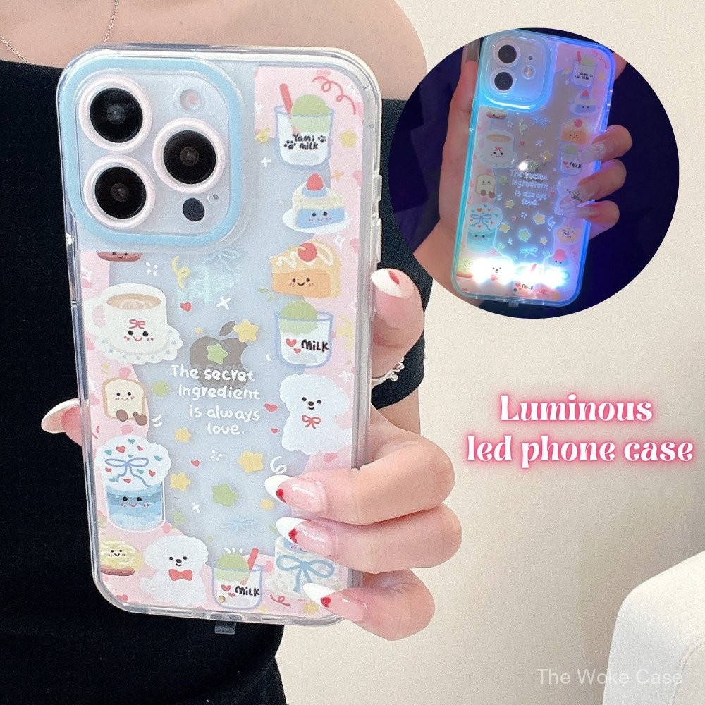เคสโทรศัพท์ LED เรืองแสงสำหรับ iPhone 16/15/14/13/12/11/X/XR/Xs, เคสโทรศัพท์ LED ไวต่อเสียงสำหรับ iPhone 15 Pro, เคสเค้กสีชมพู/เคสโทรศัพท์ iPhone