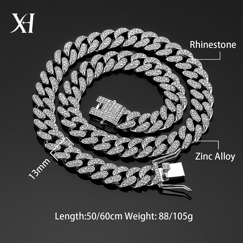 [RSQ] สไตล์ใหม่คลาสสิก 13 มม.โซ่คิวบาโลหะผสมเพชรเต็มยุโรปอเมริกันสไตล์ฮิปฮอปสร้อยคอเคลือบทอง