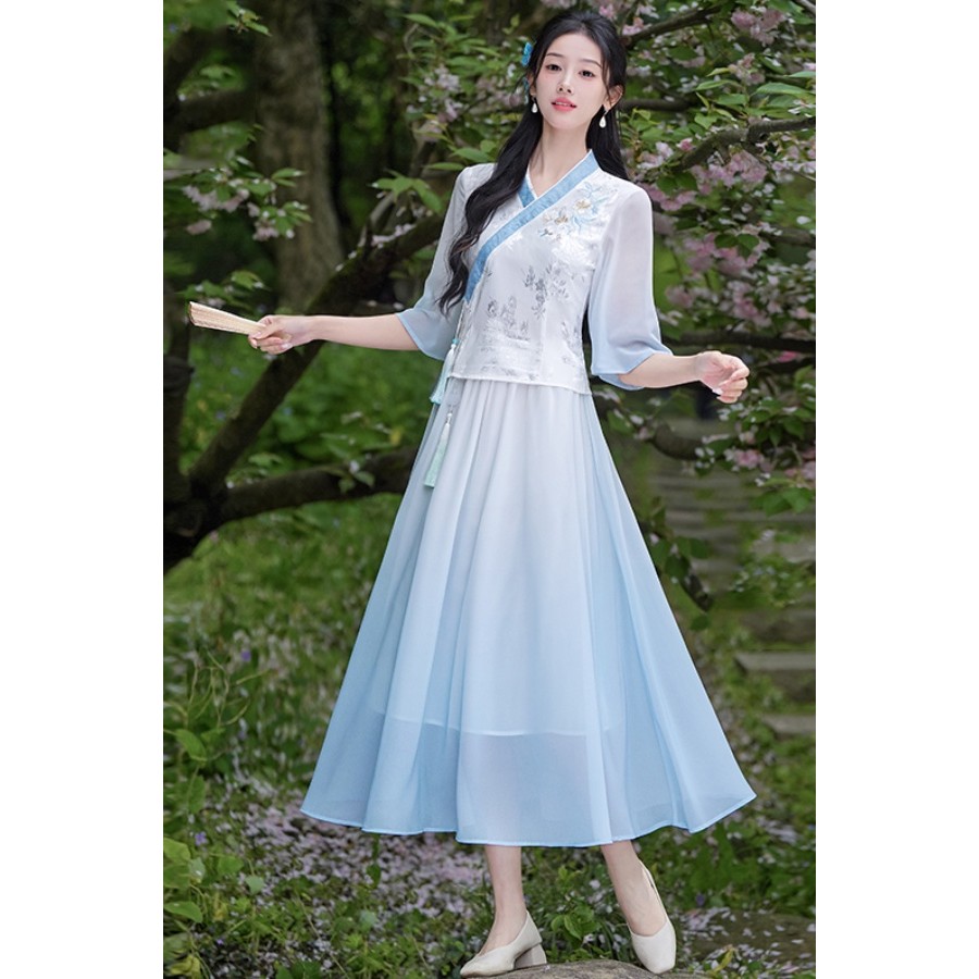 T Tang ชุดการจับคู่สี Hanfu สไตล์จีนจีน V คอ Retro ปรับปรุง Cheongsam ชุดสาธารณรัฐจีนเย็บปักถักร้อยช