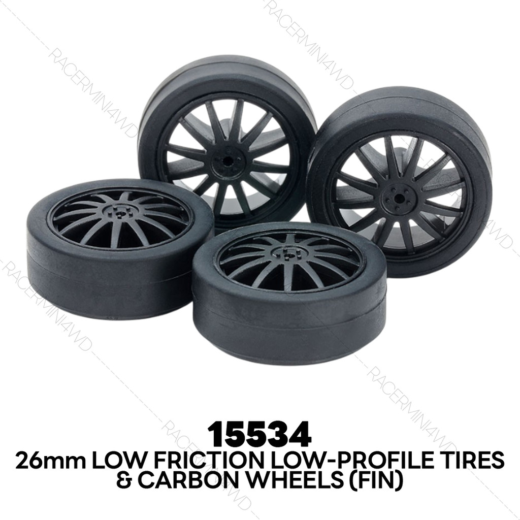 TAMIYA 26mm Low Friction Low-Profile Tires & Fin Carbon Wheels 15534