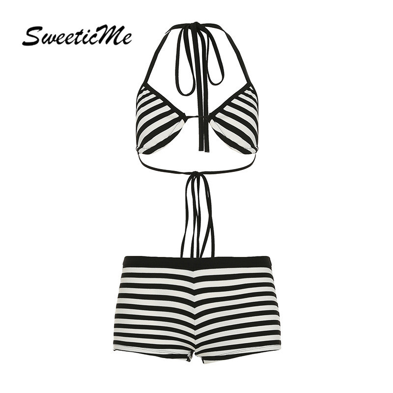 SweeticMe ผู้หญิงแฟชั่นใหม่เซ็กซี่สีคมชัดลายชายหาดวันหยุดบิกินี่ชุดสามชิ้น