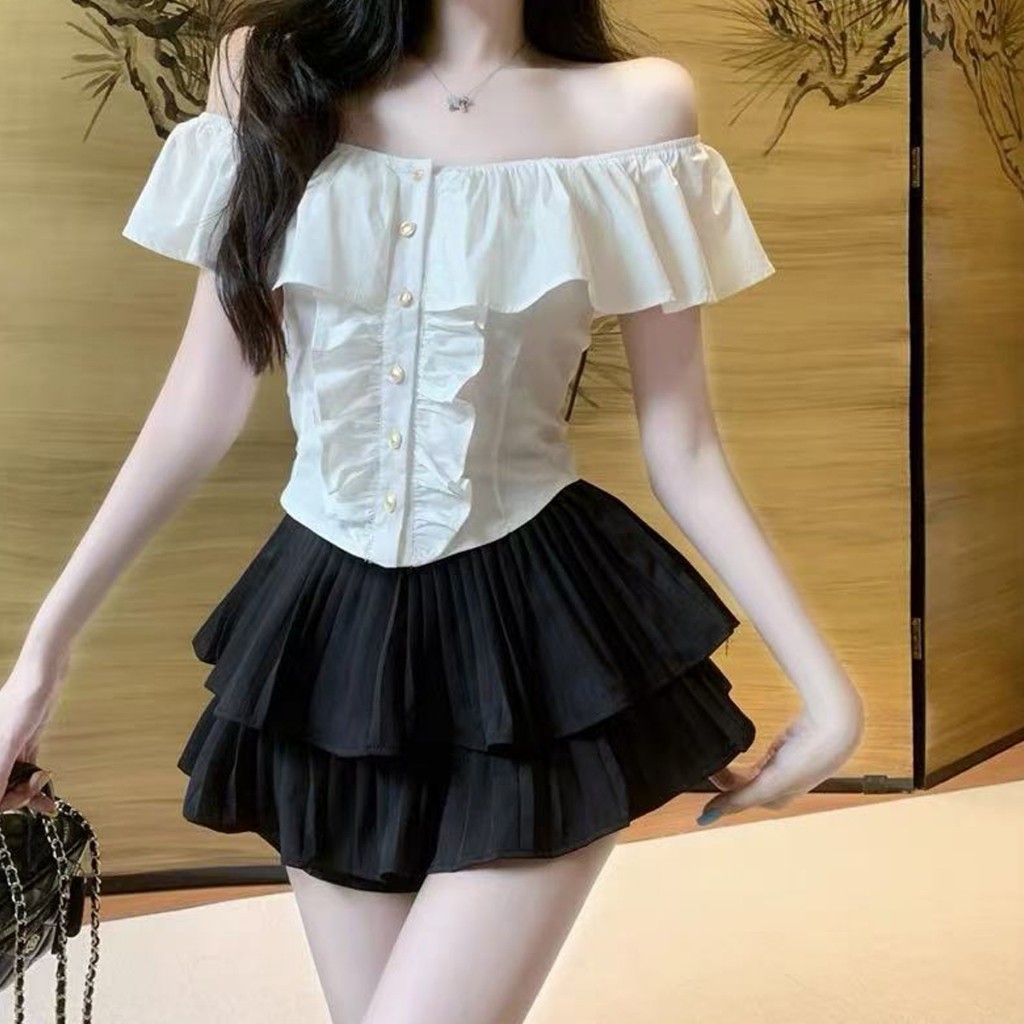 เสื้อครอปฝรั่งเศสเปิดไหล่พร้อมกระโปรง - รูปที่ 7