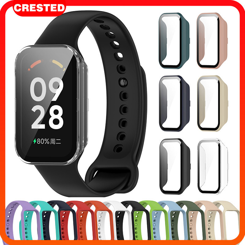 เคสพีซีกระจกนิรภัย + สายยาง for Xiaomi Mi Band 8 Active /Redmi Band 2 เทปป้องกันหน้าจอ for Mi Smart Band 8 Active ราคา ถูกที่สุด ดีลบีเคเค