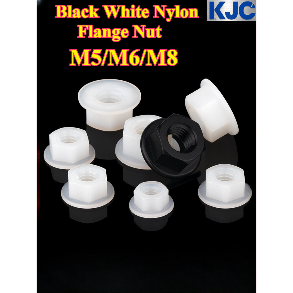 [KJC-FLLM] น็อตหน้าแปลนไนลอนสีดําสีขาว M5/M6/M8 น็อตกันลื่นพลาสติกฉนวน, น็อตสกรูล็อค