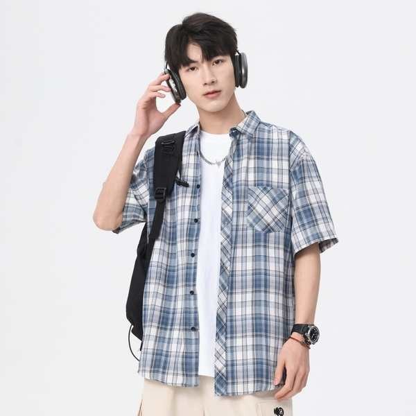 เสื้อเท่ๆ เสื้อฮาวายผู้ชาย พีเสื้อเชิ้ตลายสก๊อตผู้ชายแขนสั้นวัยรุ่นเวอร์ชั่นเกาหลีอินเทรนด์พิมพ์นิ้ว