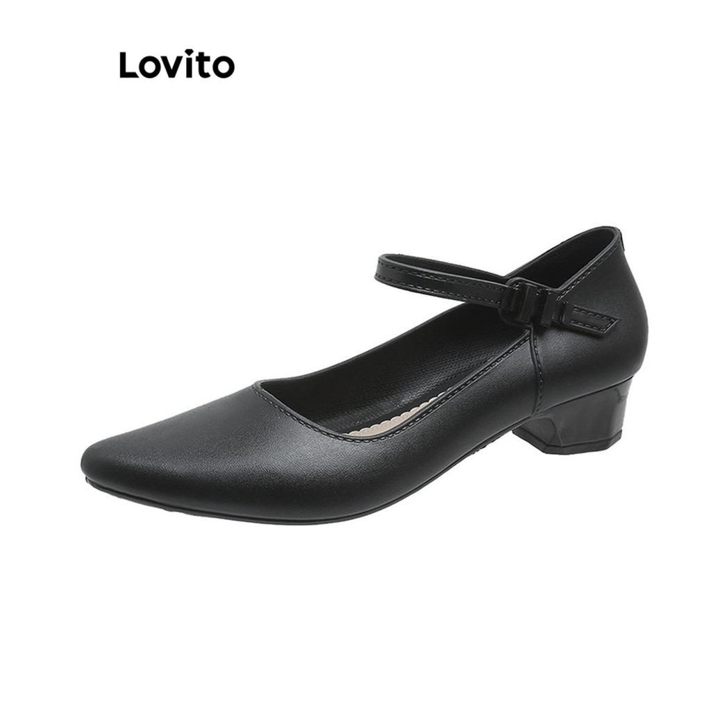 Lovito สง่างามธรรมดาชี้บล็อกส้นสบายสวมใส่ด้านนอกปากตื้นหนึ่งคําเข็มขัดรองเท้าส้นสูงสําหรับผู้หญิง  LFA64236