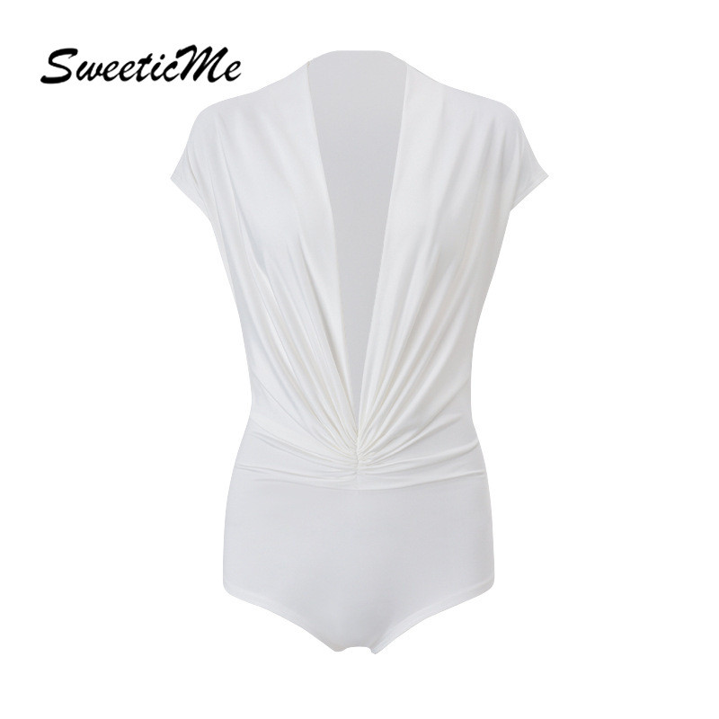 SweeticMe ชุดบอดี้สูทคอวีเซ็กซี่สำหรับผู้หญิง 2025 แฟชั่นใหม่สีทึบ