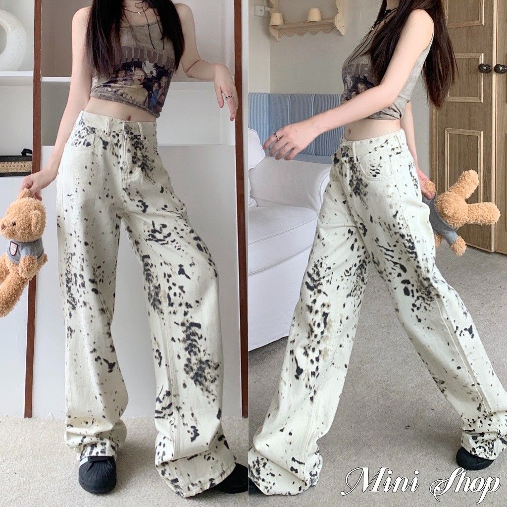 Mini shop🌸พร้อมส่ง🌸(NZ1850)กางเกงขายาวเอวสูง ผู้หญิง ลายงูสีครีม เท่ไม่ซ้ำใคร วินเทจ ใส่สบาย