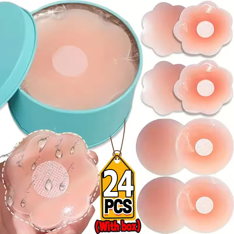 12ชิ้น/กล่องผู้หญิงซิลิโคนหน้าอกแพทช์กับกล่องเดินทาง-ที่มองไม่เห็นระบายอากาศหัวนมครอบคลุม-ป้องกันการน้ําค้างจุดแผ่นชุดชั้นใน