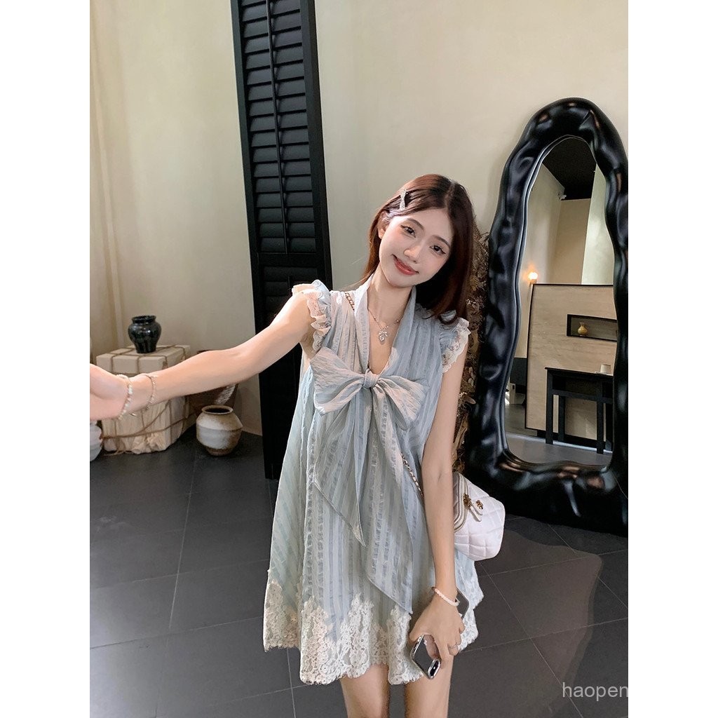 Lovito ชุดเดรสด้านหน้าลูกไม้ลายทางสำหรับผู้หญิง LNA75576(หลากสี)