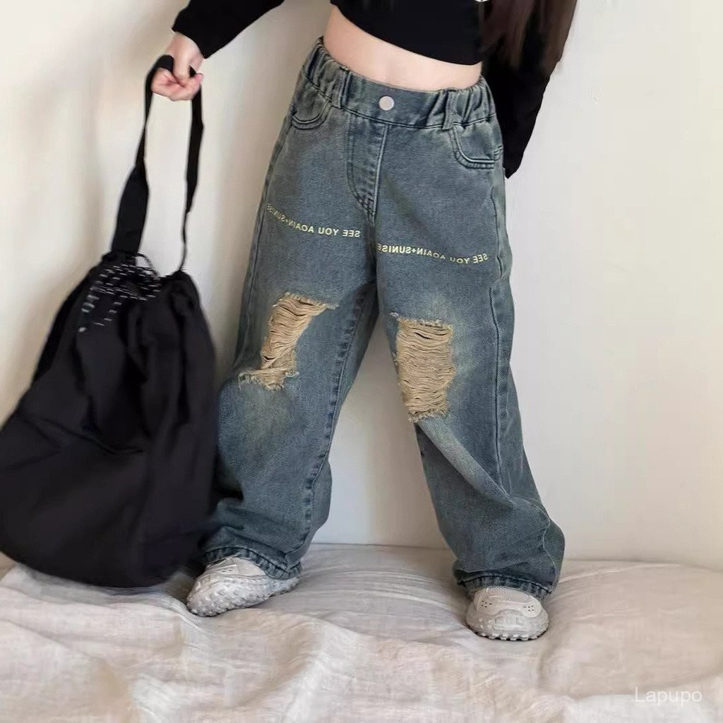 Fast Shipping ยีนส์เด็กผู้หญิงฤดูใบไม้ร่วงสไตล์เกาหลีใหม่ย้อนยุคกางเกงตรงขาดกว้างสำหรับเด็กเล็กและเด็ก