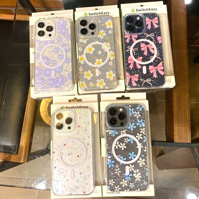 SwitchEasy เคส แม่เหล็ก ชาร์จได้ สำหรับiPHONE 11 12 13 14 15 16 Pro Max S24 S25 ultra PC ลายกลิตเตอร์ดอกไม้/ดาว/โบว์ชมพู