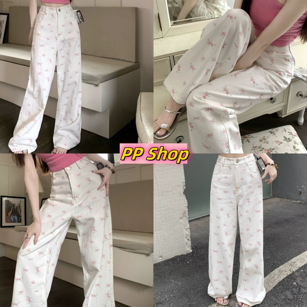 💜PP Shop​💜พร้อมส่ง กางเกงยีนส์ขายาว เอวสูง กางเกงยีนขากว้าง กางเกงทรงกระบอก สีขาว ลายดอกไม้น่ารัก มิ