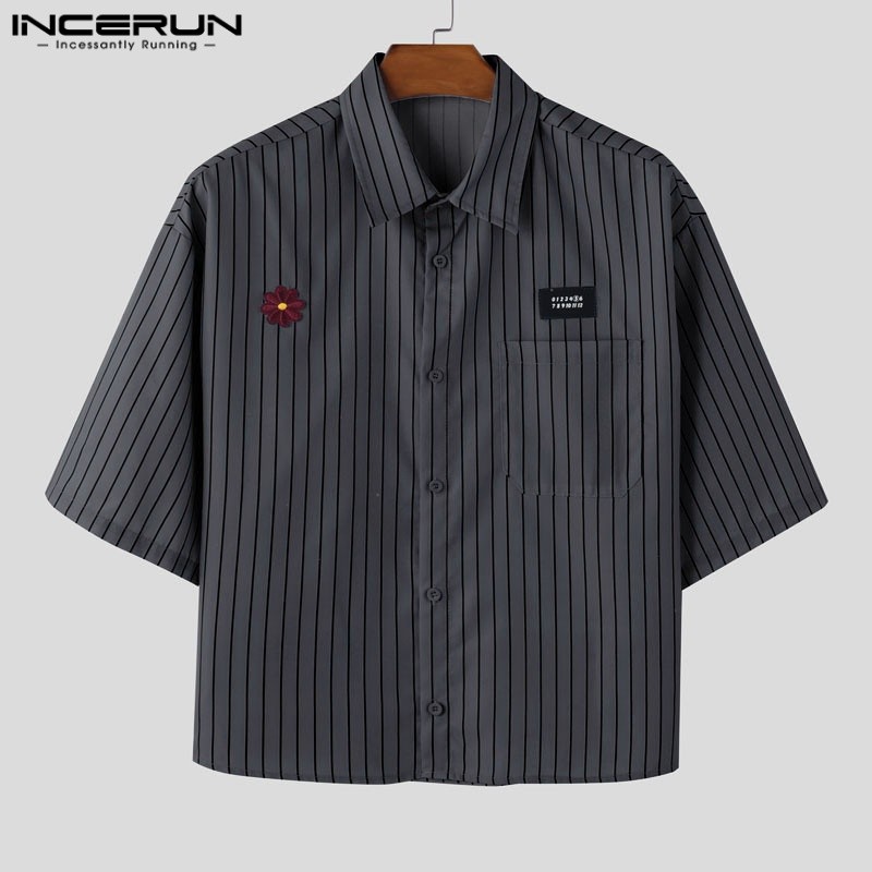 INCERUN เสื้อเชิ้ตแขนห้าส่วนสําหรับผู้ชาย Stripe Series