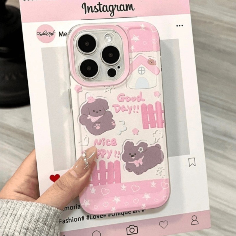 ปลอกสําหรับiPhone 16 15 14 13 12 11 Pro Max 16E XR X XS Max 7 8 Plus SE2 มินิน่ารักสุนัขมีความสุขGraffitiโบว์ดอกไม้รักเชอร์รี่ลูกสุนัขใสกันกระแทกTPU Soft Cover