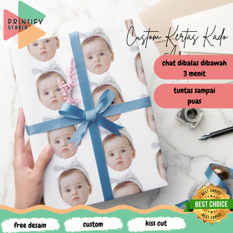 Printify ที่กําหนดเองกระดาษห่อของขวัญความงามการออกแบบใบหน้าสามารถเพิ่มการเขียนกระดาษห่อของขวัญ