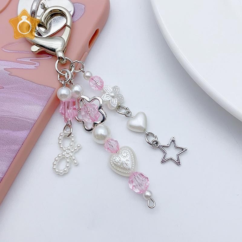 [GE] Pearl Bow Phone Pendant Sweet Love Flowers Key Chain Headphone Case Hanging Rope Backpack Charm