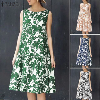ZANZEA ใส่ ซานเซีย ผู้หญิงเกาหลีย้อนยุครอบคอแขนกุดดอกไม้พิมพ์ รัฟเฟิล ชุดถัง