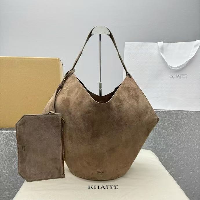KHAITE Lotus Tote Open Mouth Single Shoulder Handbag Matte Deep Brown 4771