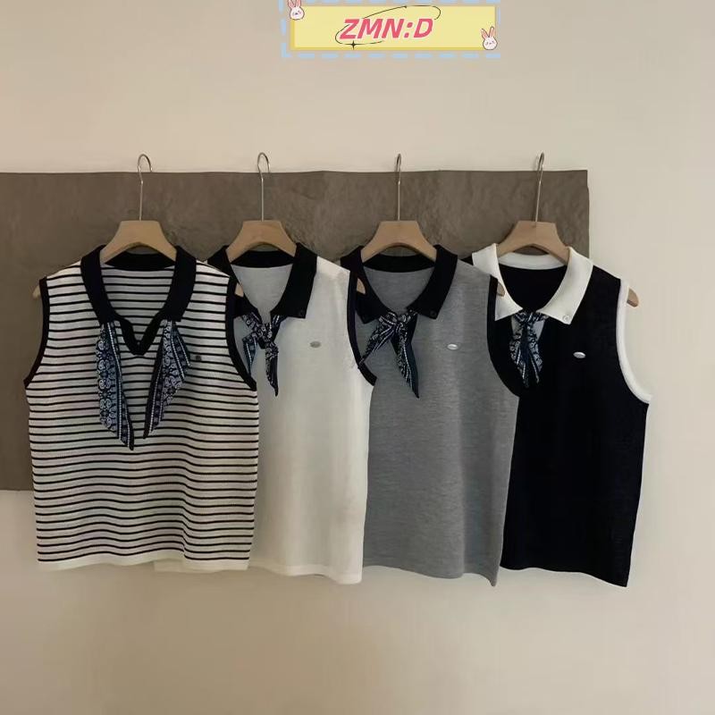 Newwellknowngreat Lapel V คอผ้าพันคอตกแต่งแขนกุดฤดูร้อน Casual Tank ผู้หญิงเสื้อลําลอง RRT