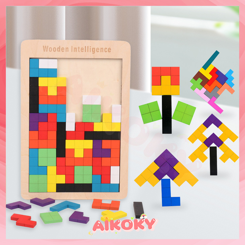 AIKOKY ของเล่นไม้ เกมปริศนา Tetris จิ๊กซอว์ไม้ ไม้ของเล่นเพื่อการศึกษาสำหรับเด็ก ตัวต่อไม้