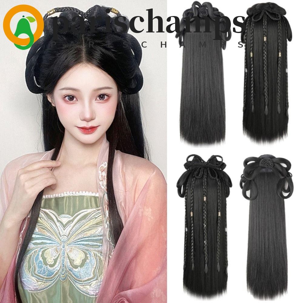 Parischamps วิกผมจีนโบราณ, วิกผม Hanfu ผู้หญิงโบราณสังเคราะห์, การถ่ายภาพแฮร์พีชสีดํา ที่คาดผมวิกผม Hanfu