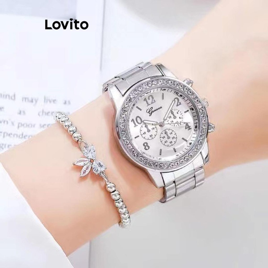 Lovito นาฬิกาข้อมือผู้หญิง แบบควอตซ์ สายโลหะผสม กันน้ำ แต่งพลอยเทียม สีเรียบ สไตล์ลำลอง LFA27348