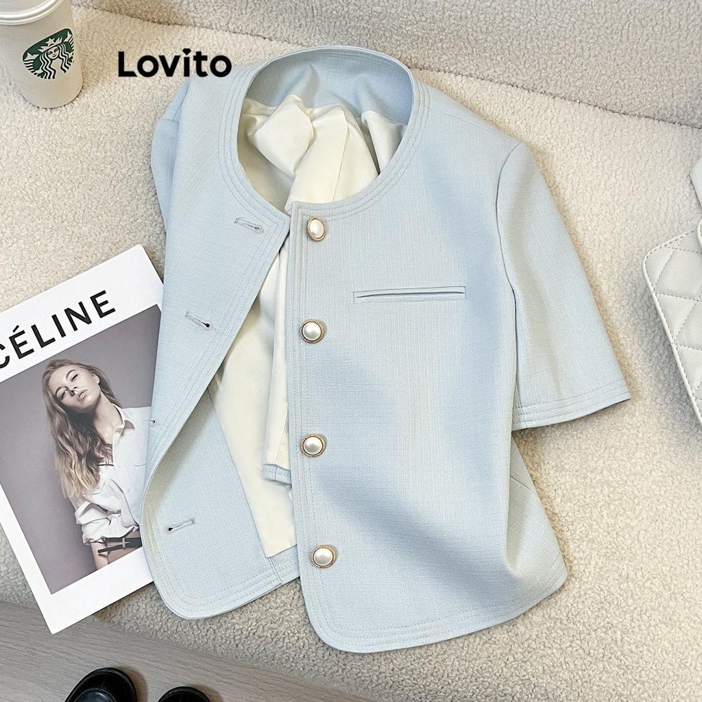 Lovito เบลเซอร์ผู้หญิง มีกระดุม สีพื้น สไตล์ลำลอง LNE68048