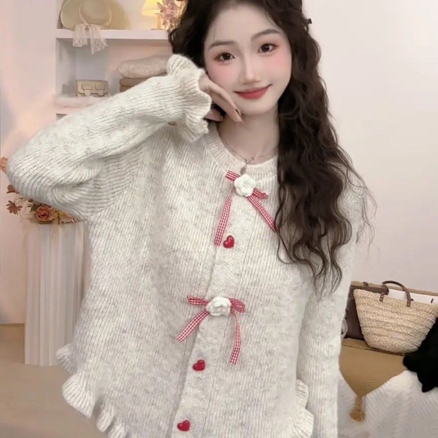 เคเสื้อถักแขนยาวผู้หญิงคอวีกระโหลกสไตล์น่ารักหนา