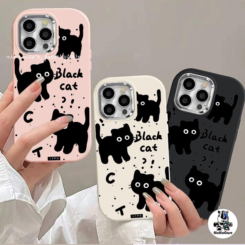 เคสไอโฟน สำหรับ iPhone 13 12 14 11 15 16 Pro Max XR X 7P XS รูปแบบแมวสีดำ ลายกรอบโลหะน่ารักเคส กันกระแทกและเลนส์ป้องกัน