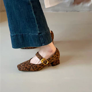 Atikota รองเท้าส้นสูงผู้หญิง Mary Jane แฟชั่น Retro สไตล์ One-line Buckle Square Toe รองเท้า