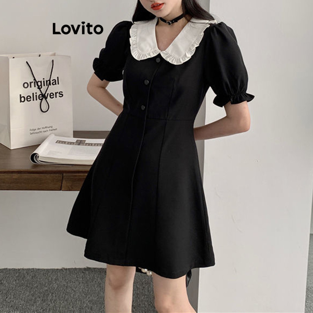 Lovito ชุดเดรสผู้หญิง แต่งปก ขอบหยัก สีพื้น คัลเลอร์บล็อก สไตล์ลำลอง LNE71591
