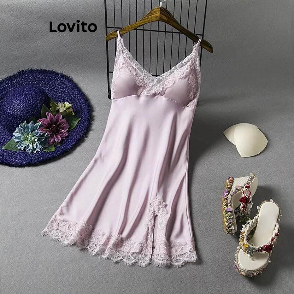 Lovito ชุดนอนเดรสผู้หญิง สีพื้น แต่งลูกไม้ สไตล์เซ็กซี่ LNL68339