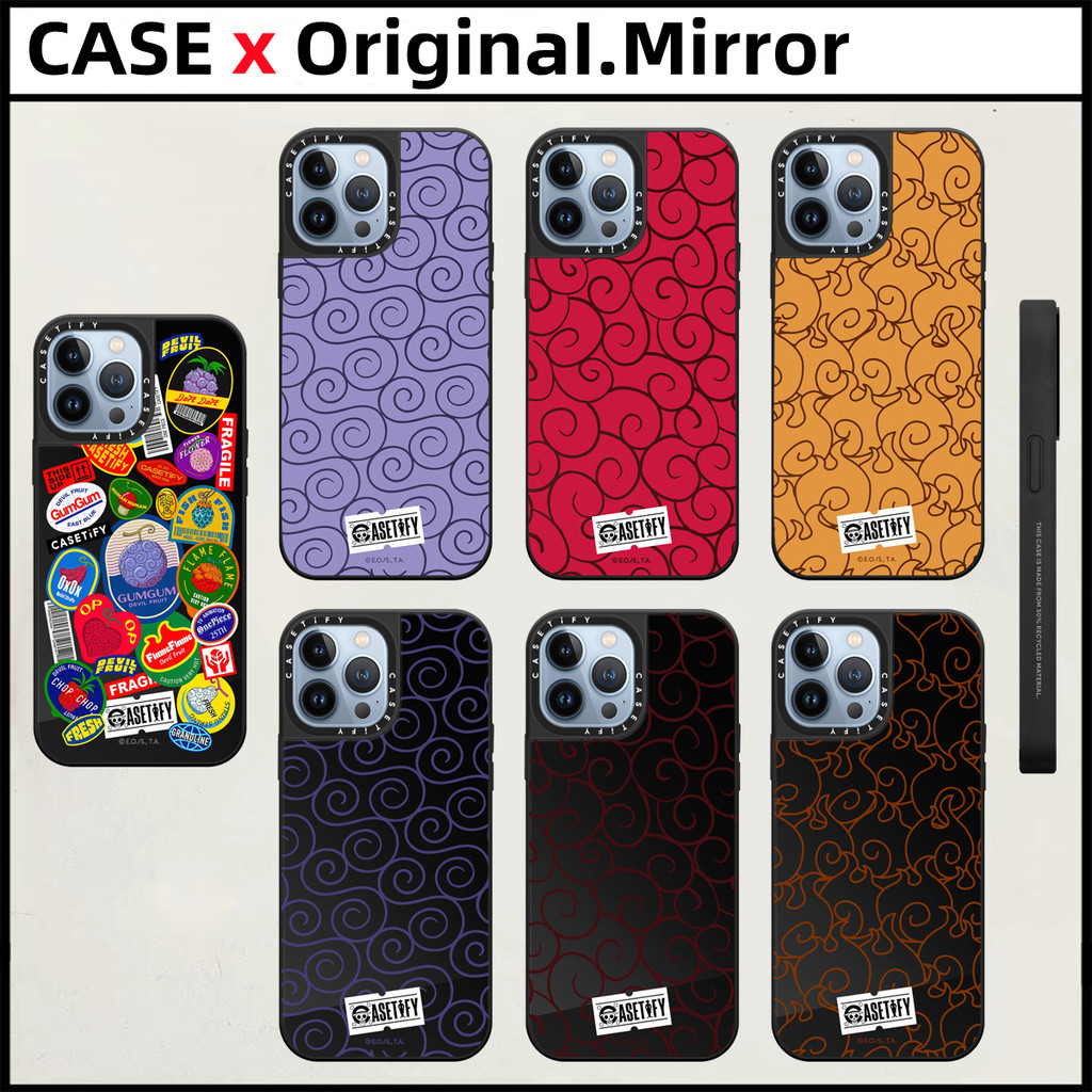 Casetify ONE PIECE Devil Fruits Label กระจกสีดํา iPhone สําหรับ 16 Pro MAX 15 14 13 12 11 Pro MAX 14 15 16 Plus TPU ตัวอักษรด้านข้างกันกระแทกฝาครอบโทรศัพท์กลับปลอกการ์ตูน