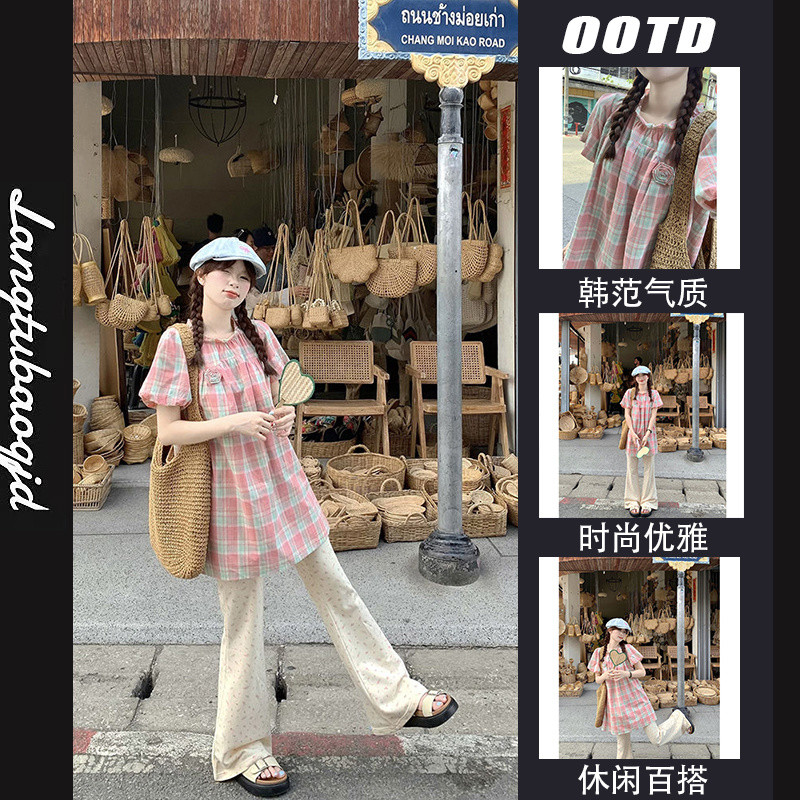 Xyj Commuter Wear หลวมลายสก๊อตพัฟแขนเสื้อดอกไม้ Flared Casual กางเกงผู้หญิงฤดูร้อนขี้เล่น Lively แฟชั่นสูท