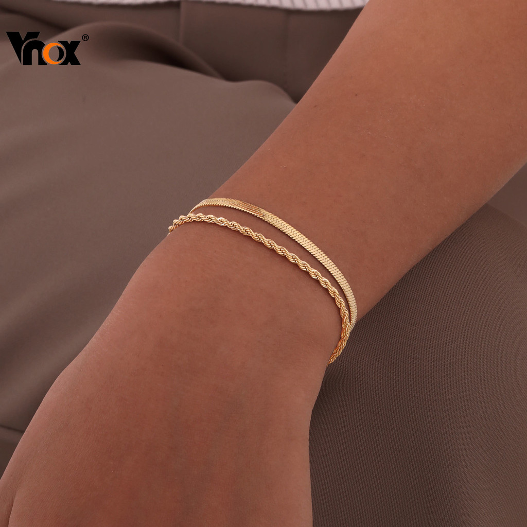 Vnox Blade Chain Fried Twists Chain ชุดสร้อยข้อมือสองชั้น,สร้อยข้อมือทองสําหรับผู้หญิง,เครื่องประดับสแตนเลสไม่ซีดจาง