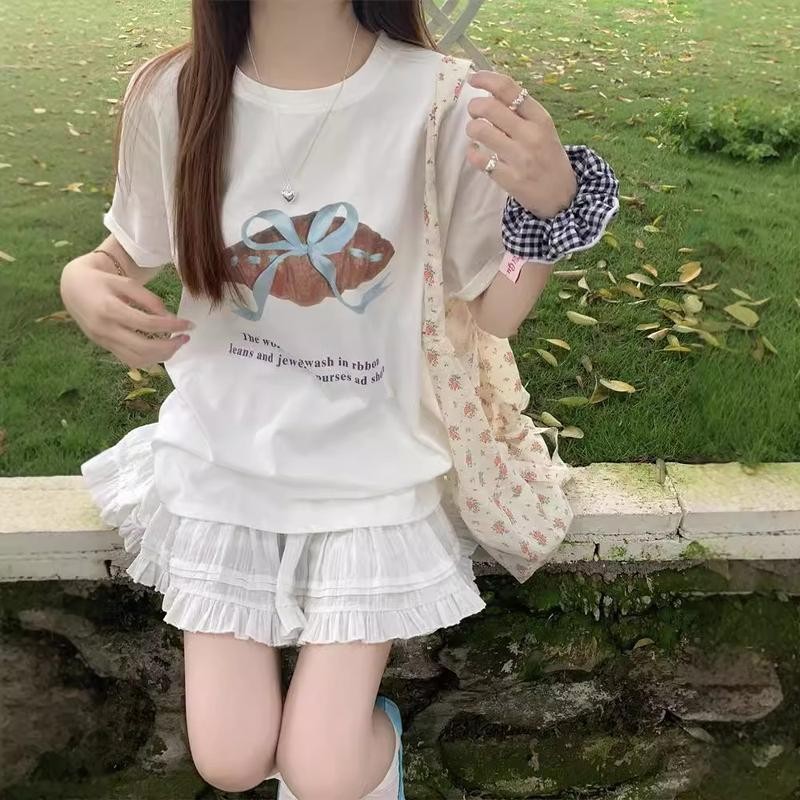 BIMI วินเทจน่ารักโบว์สีฟ้าพิมพ์เสื้อยืดแขนสั้นสำหรับผู้หญิง ทรงหลวม ลำลอง อินเทรนด์ ฤดูร้อน