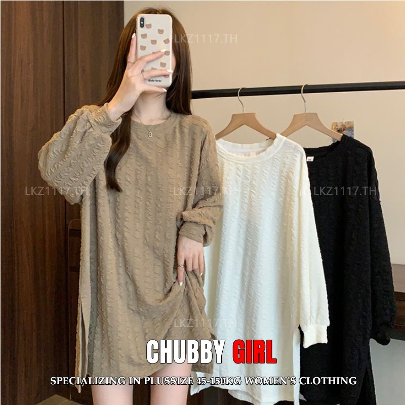 Plus size เสื้อผ้าสาวอวบ เดรสสาวอวบอ้วน ไซส์ใหญ่ ผู้หญิง เดรสเสื้อยืด ทรงหลวม แขนยาว คอกลม แยก สีพื้น ฤดูใบไม้ร่วง สไตล์เกาหลีแฟชั่น