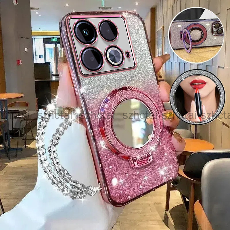 ปลอก infinix Note 40 Pro Note 30 5G Note 12 G96 Note 12 2023 Note12 Pro Luxury Electroplated Glitter เคสโทรศัพท์พร้อมความงามที่วางกระจกแต่งหน้าพร้อมสร้อยข้อมือเชือกเส้นเล็กเคสนุ่ม