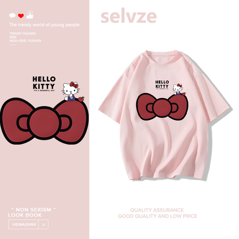SELVZE（จัดส่งตลอด 24 ชั่วโมง） Printed T-shirt，โบว์น่ารักพิมพ์เสื้อยืดแขนสั้นหลวม B000369