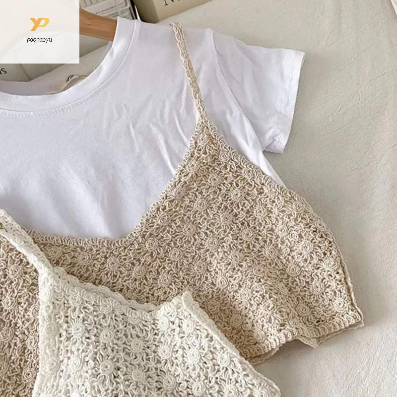 Ppy ผู้หญิงวินเทจฝรั่งเศสโครเชต์แขนกุด Camisole Vintage Hollow Out ถักดอกไม้ Crop Top V คอชายหาดมินิเสื้อกั๊ก