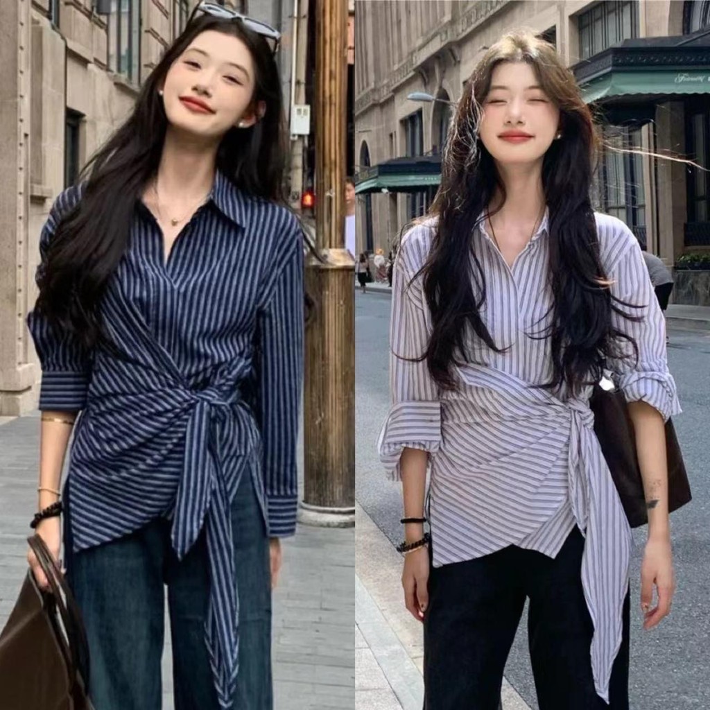 Grace เสื้อเชิ้ตลายทางแขนยาวสไตล์เกาหลีสำหรับผู้หญิงเสื้อเชิ้ตผูกเอวไม่สม่ำเสมอเสื้อเชิ้ตแฟชั่นย้อนยุคเก๋ไก๋ #W479
