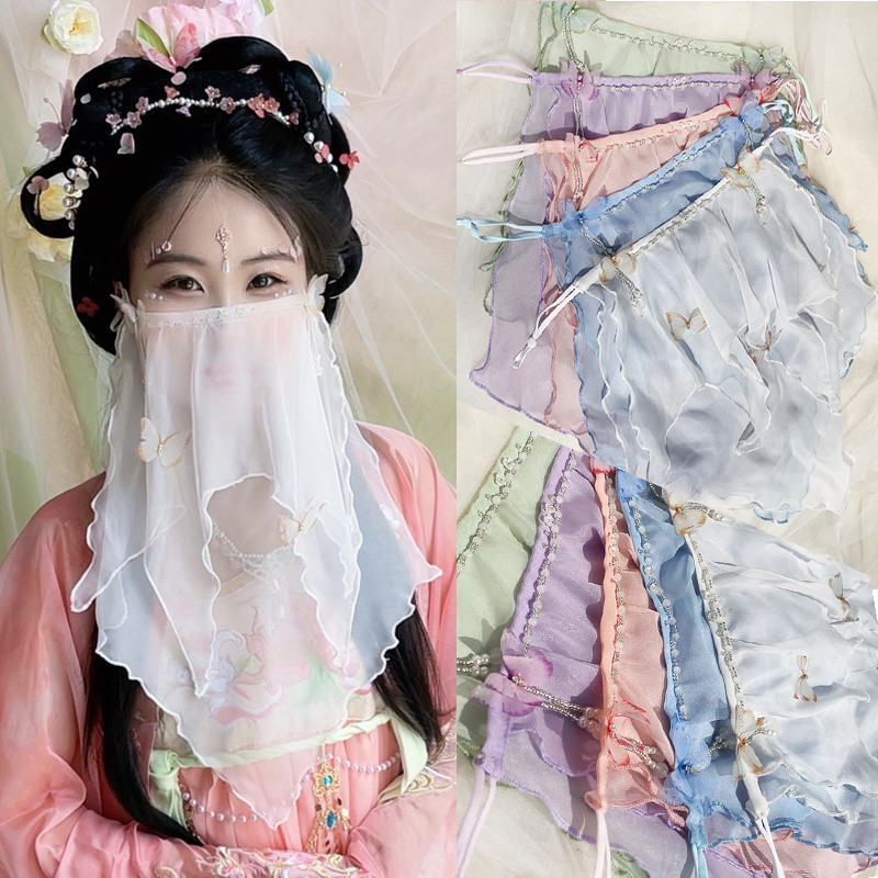 สไตล์จีน Retro Butterfly Veil Beaded Fairy Mask Hanfu อุปกรณ์เสริม