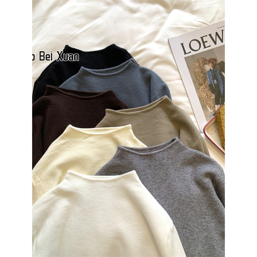 Ruo Bei Xuan เสื้อสเวตเตอร์คอเต่าครึ่งตัวสําหรับผู้หญิงพร้อมเสื้อเชิ้ตฐานและเสื้อถักนิตติ้งเสื้อสวมห