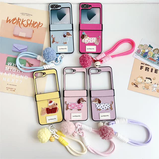 น่ารักการ์ตูนสุนัขหนังบานพับกรณีพลิก Samsung Galaxy Z Flip 7 Z Flip 6 7FE Z Flip 5 Z Flip 4 ปลอก Hairball เชือกเส้นเล็กสายรัดข้อมือ Hard PC กันกระแทกกลับ Shell