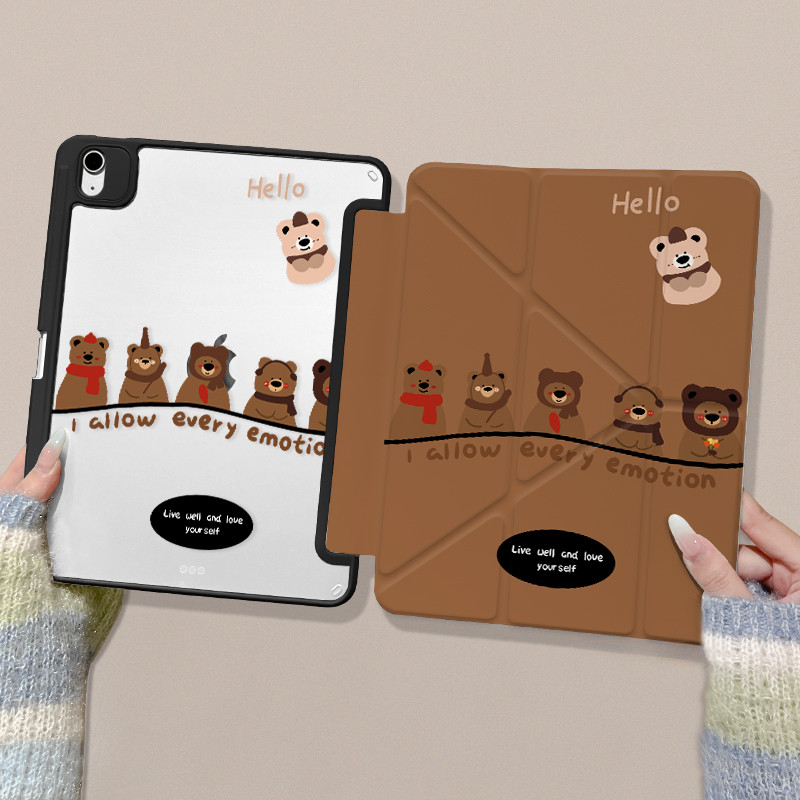 อะคริลิคipadกรณีyรูปร่าง + TripleพับสําหรับIPAD Air6 Air5 Air4 10.9 Gen7 Gen8 Gen9 10.2 นิ้วห้าหมีสีน้ําตาลMini7 Pro11 2022 Air3 Air2 Air1 Gen5 Gen6 Gen10 Anti Drop iPad Cover