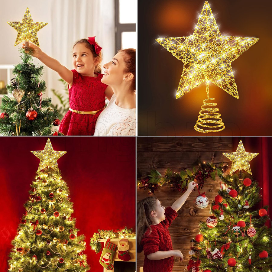 ต้นคริสต์มาส Topper 17/22/27 ซม.Golden Glittered Star Tree Topper 20 ไฟ LED Xmas Tree Topper Star สําหรับ Xmas ตกแต่งเครื่องประดับวันหยุดตกแต่งในร่ม