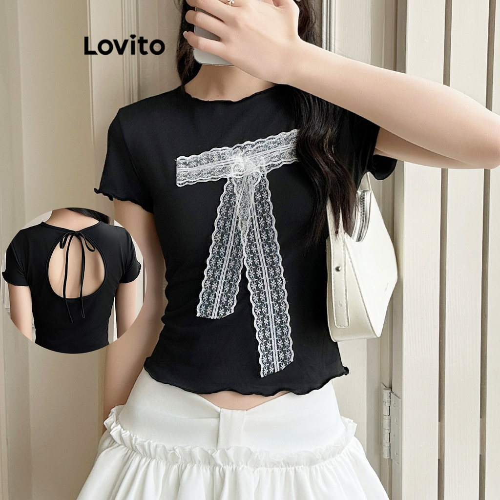 Lovito เสื้อยืดลูกไม้สีพื้นลำลองสำหรับผู้หญิง L108ED172