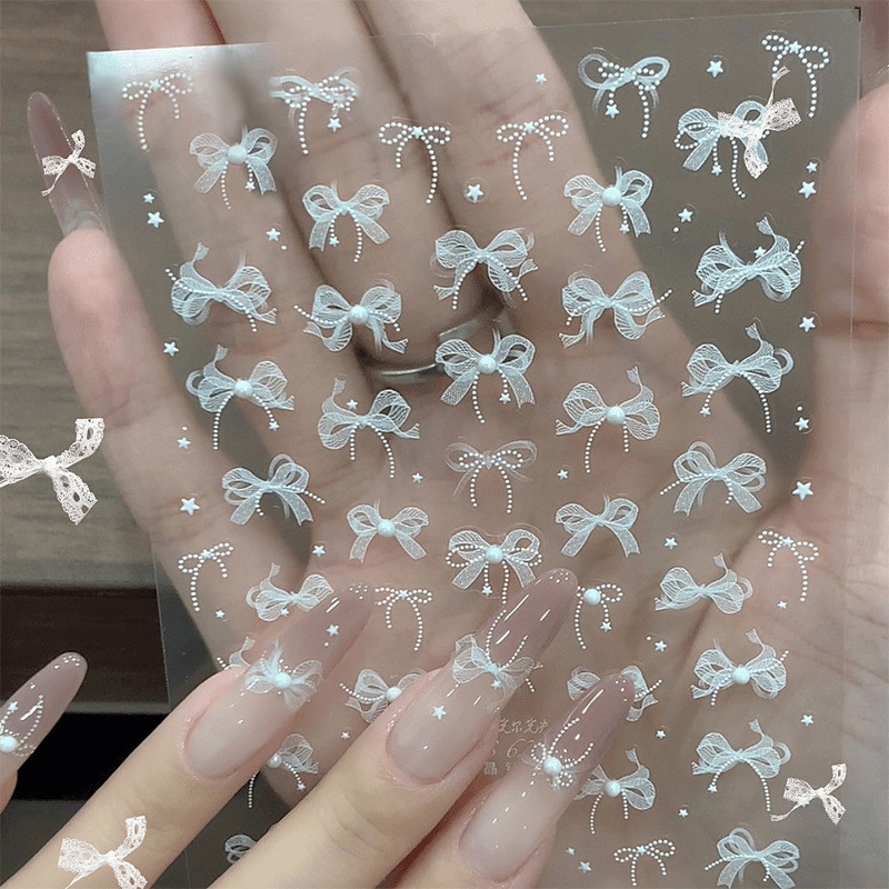 สีขาว 5D Pearl Lace Lines Nail Art สติกเกอร์ Elegant ประณีตตกแต่งเล็บ Decals DIY Self กาว Transfer Slider